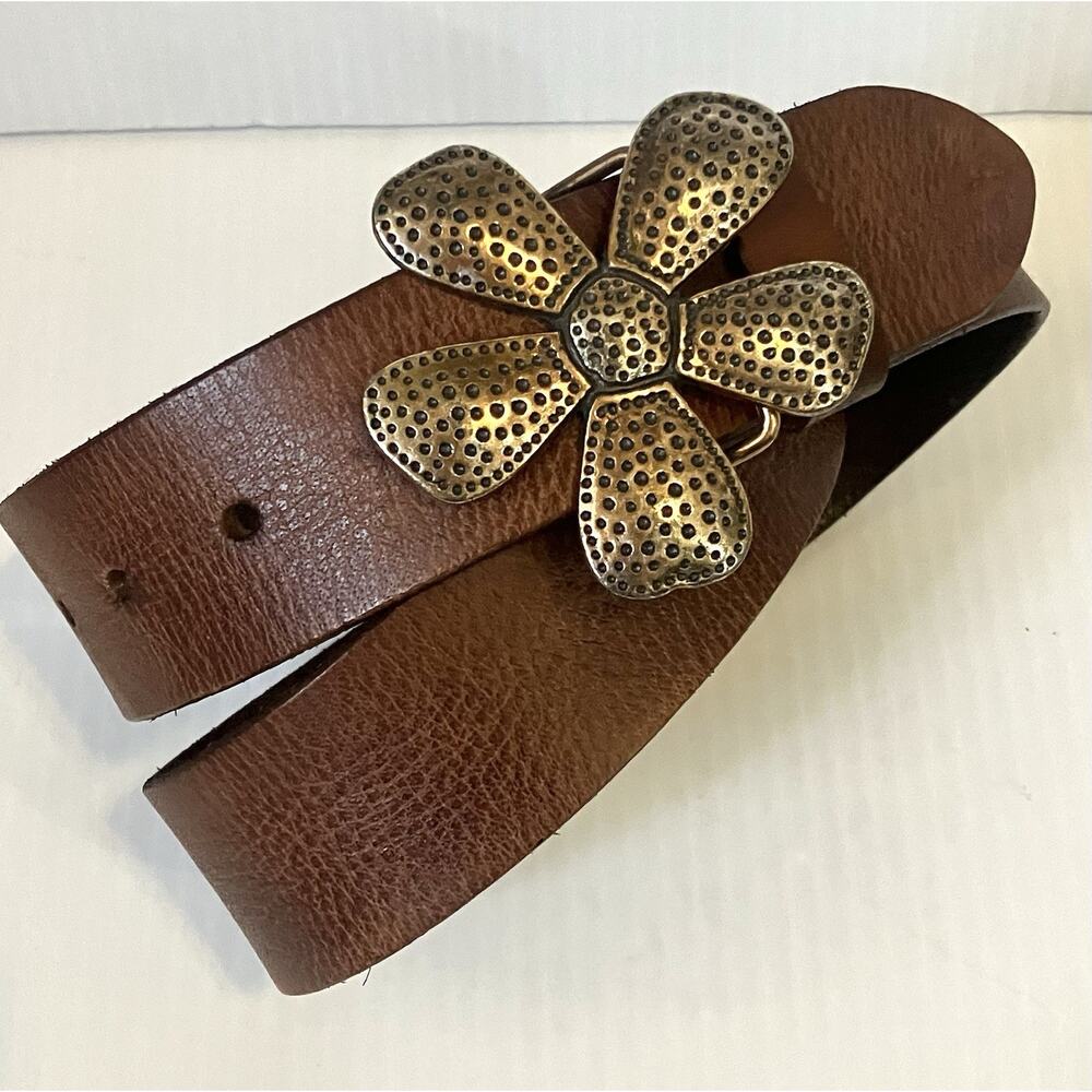Silpada Brown Italian Leather Belt Brass Copper Daisy Flower Buckle SZ Small